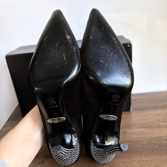 St. John Couture Audrey 8 Black Satin Rhinestone Heels Pointed Toe Stiletto Box - Picture 7 of 10